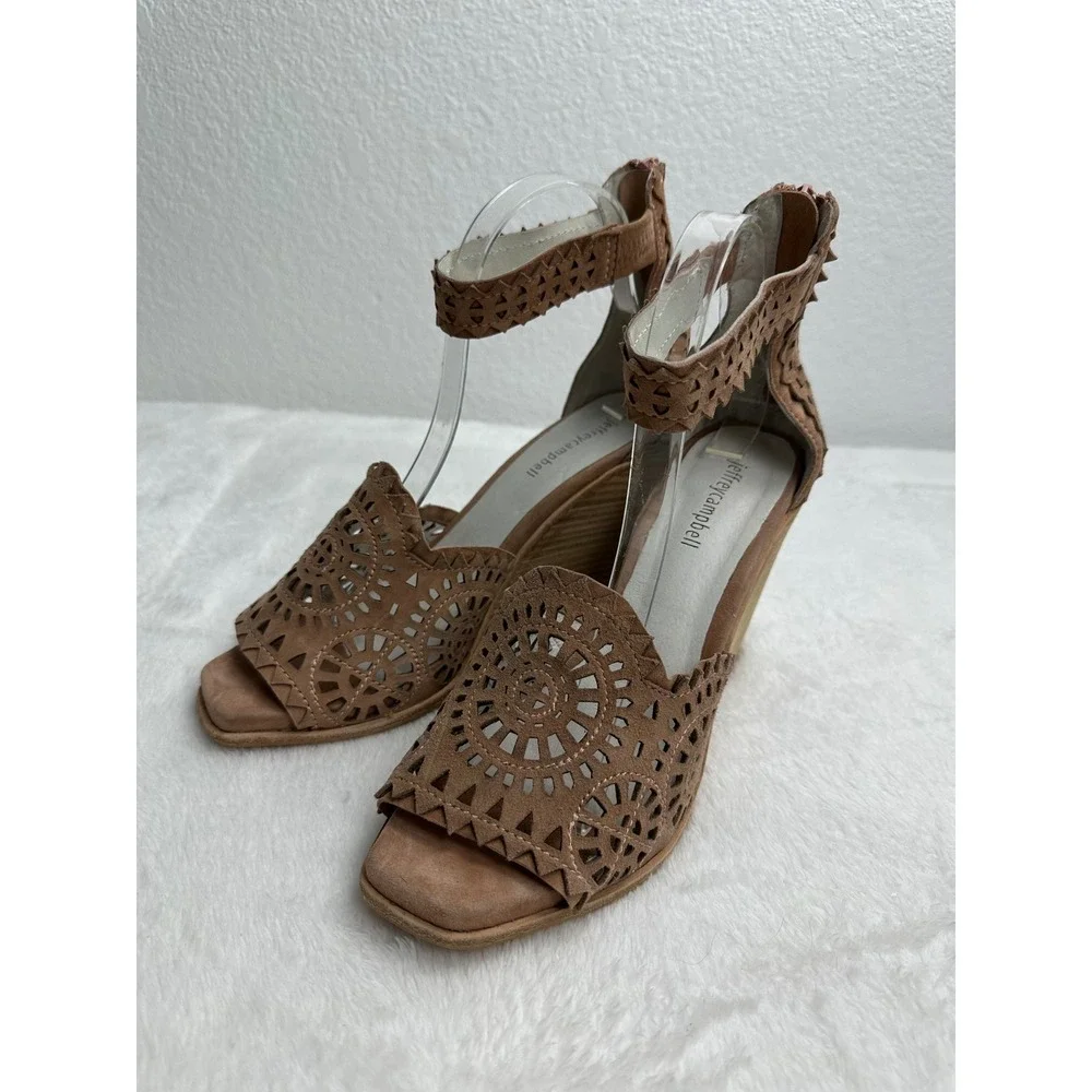 Jeffrey Campbell Tan Suede Laser Cut‎ Wedge Sandals Ankle Strap Brown Size 9.5